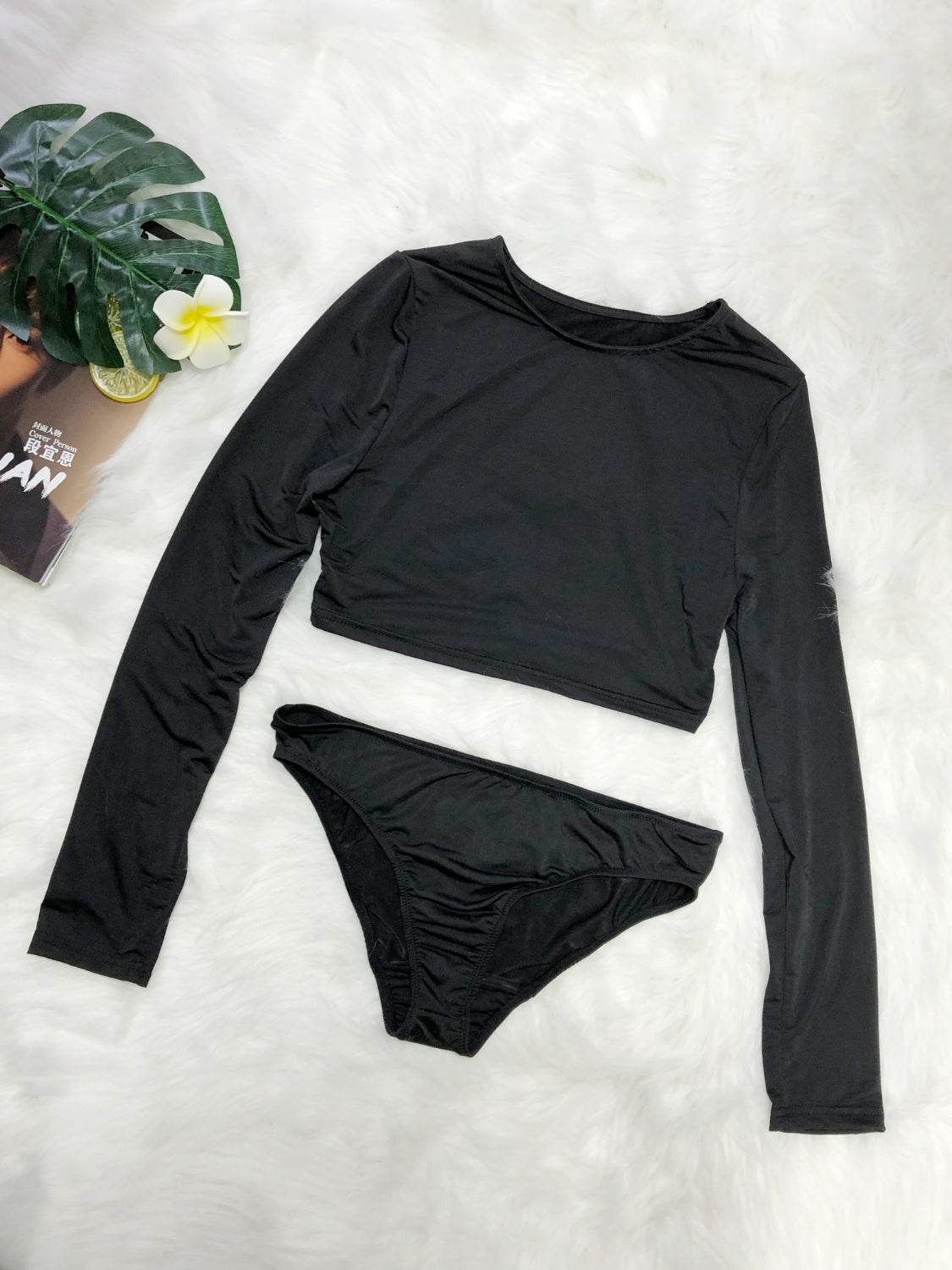 Round Neck Long Sleeve Top and Brief Swim Set - Selvanelle