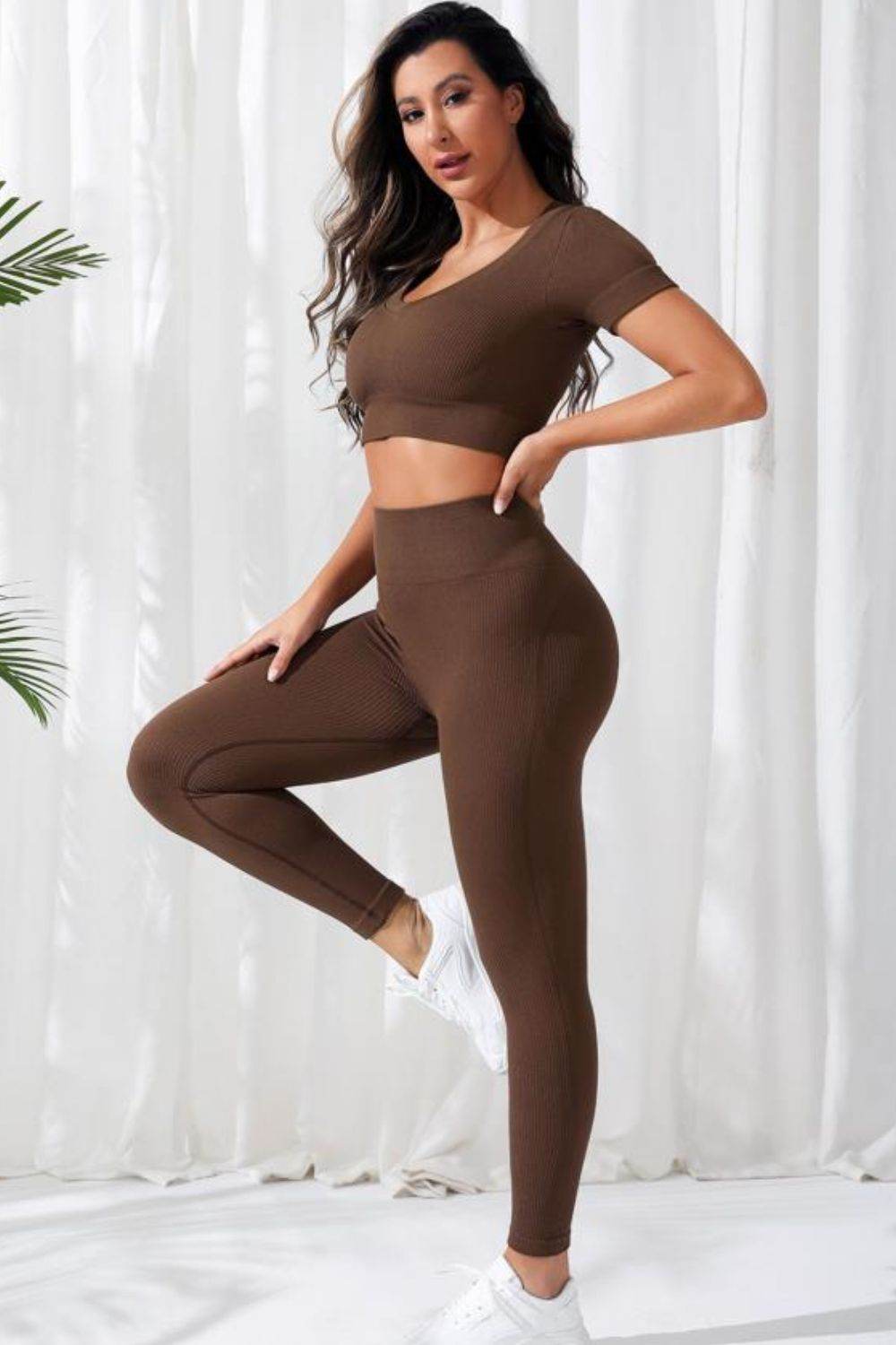 V-Neck Crop Top and High Waistband Long Active Pants - Selvanelle
