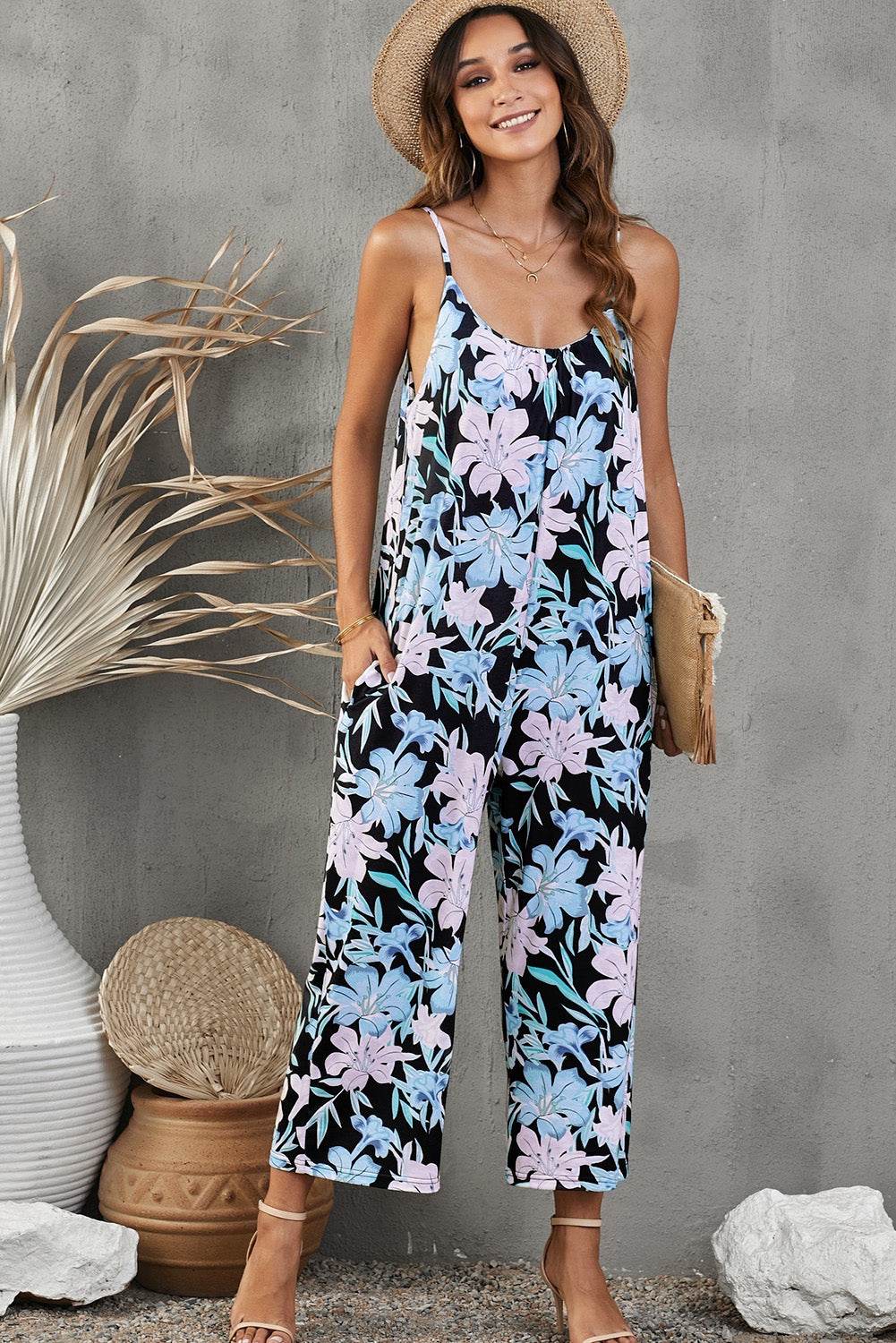 Botanical Print Spaghetti Strap Cropped Jumpsuit - Selvanelle