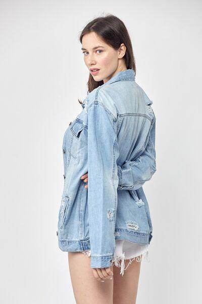RISEN Full Size Distressed Long Sleeve Denim Jacket Plus Size - Selvanelle
