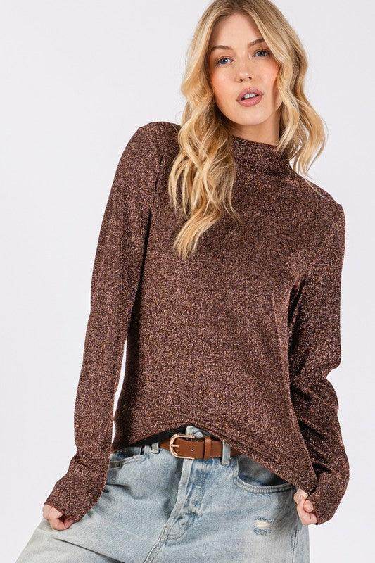 SAGE + FIG Glitter Mock Neck Lettuce Hem Long Sleeve Top - Selvanelle