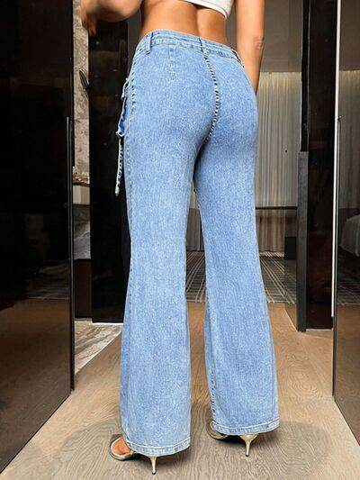 Mid Rise Straight Jeans with Cargo Pockets for Women - Selvanelle