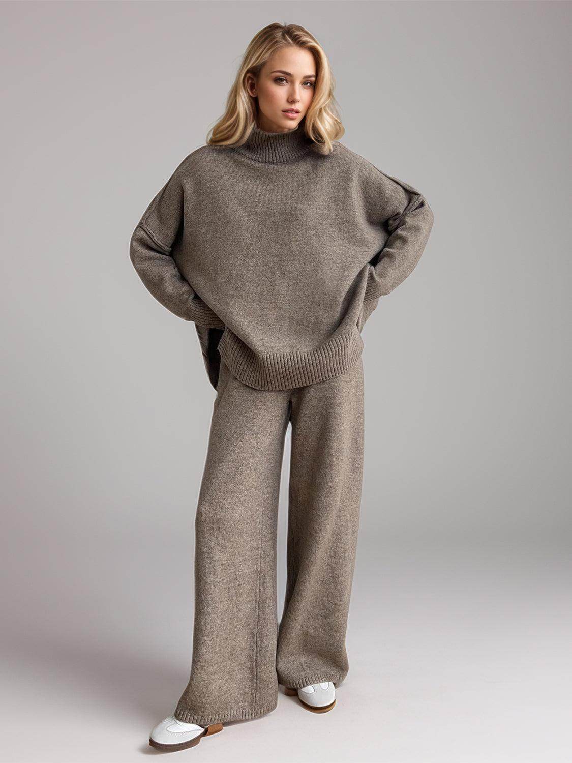 Slit Turtleneck Long Sleeve Top and Pants Sweater Set Outfit - Selvanelle