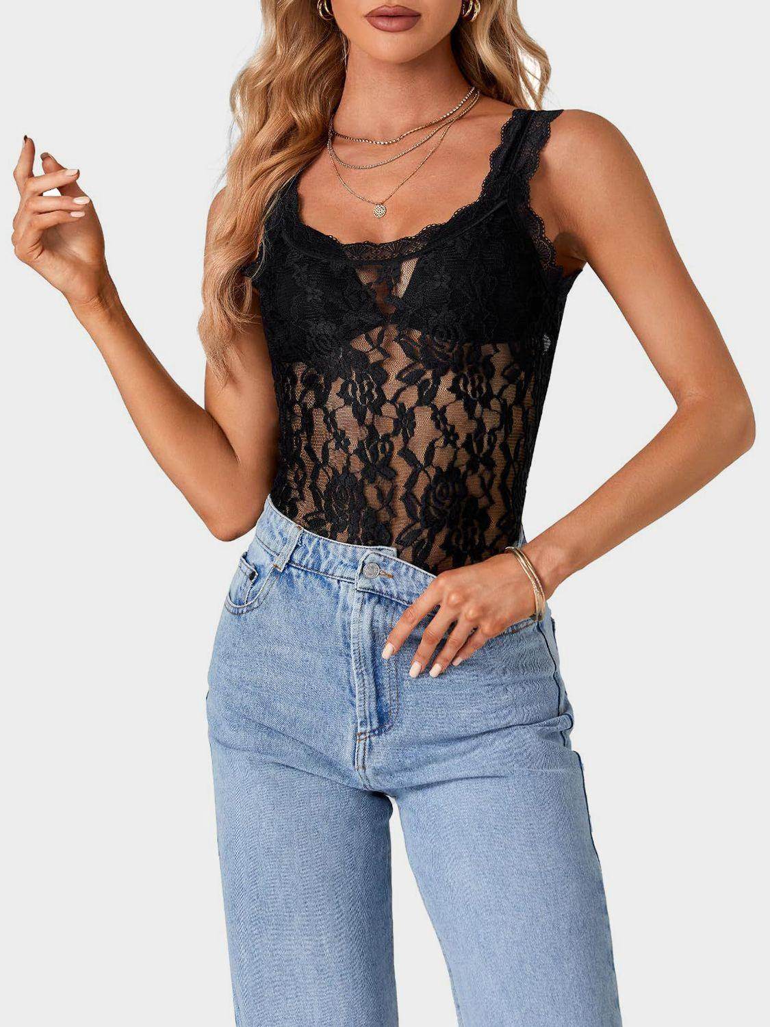 Lace Scoop Neck Tank for Women in Sheer Stretch Fabric - Selvanelle