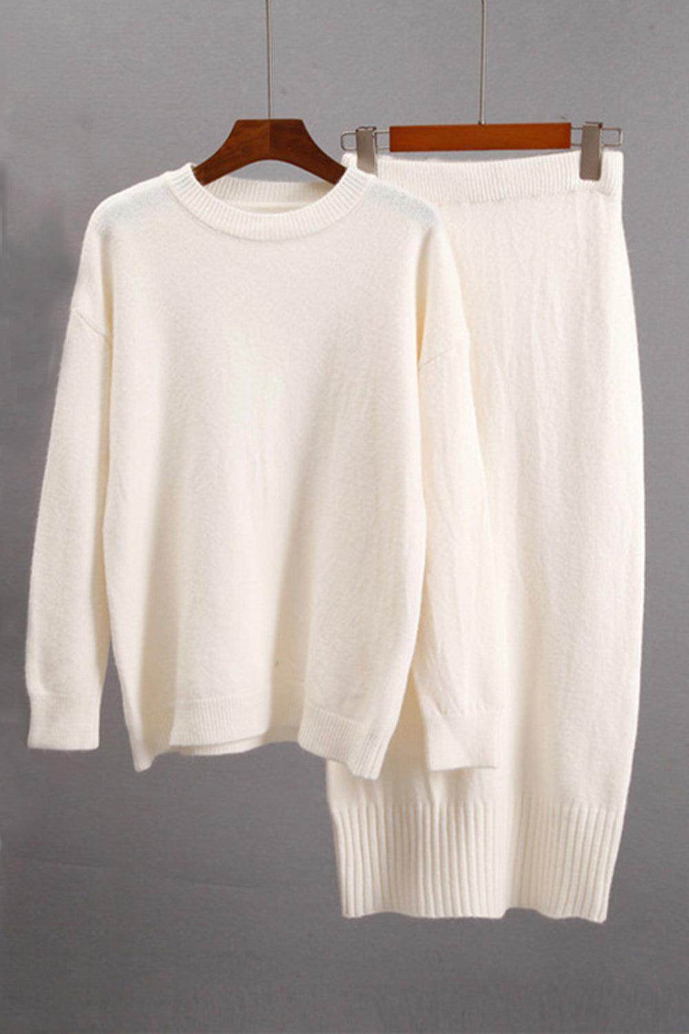 Round Neck Dropped Shoulder Top and Skirt Sweater Set - Selvanelle