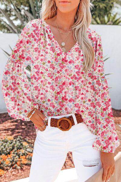 Printed Notched Long Sleeve Blouse for Stylish Looks - Selvanelle
