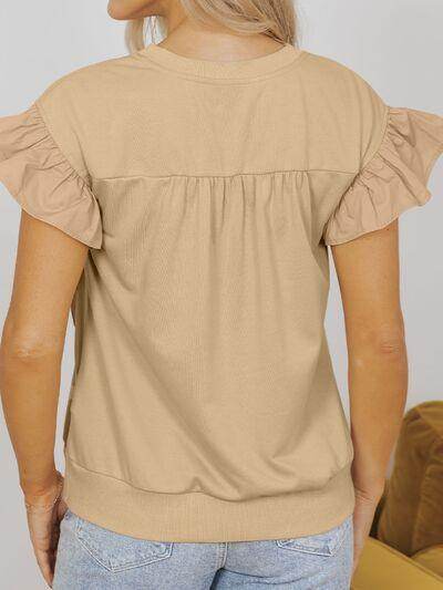 Bow Ruffled Round Neck Cap Sleeve Blouse for Women - Selvanelle