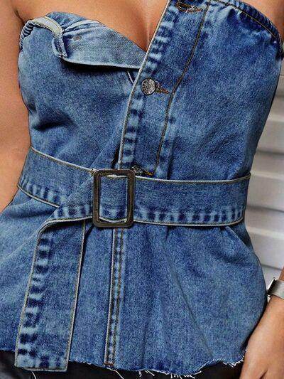 Buttoned Raw Hem Tube Denim Top for Stylish Comfort - Selvanelle