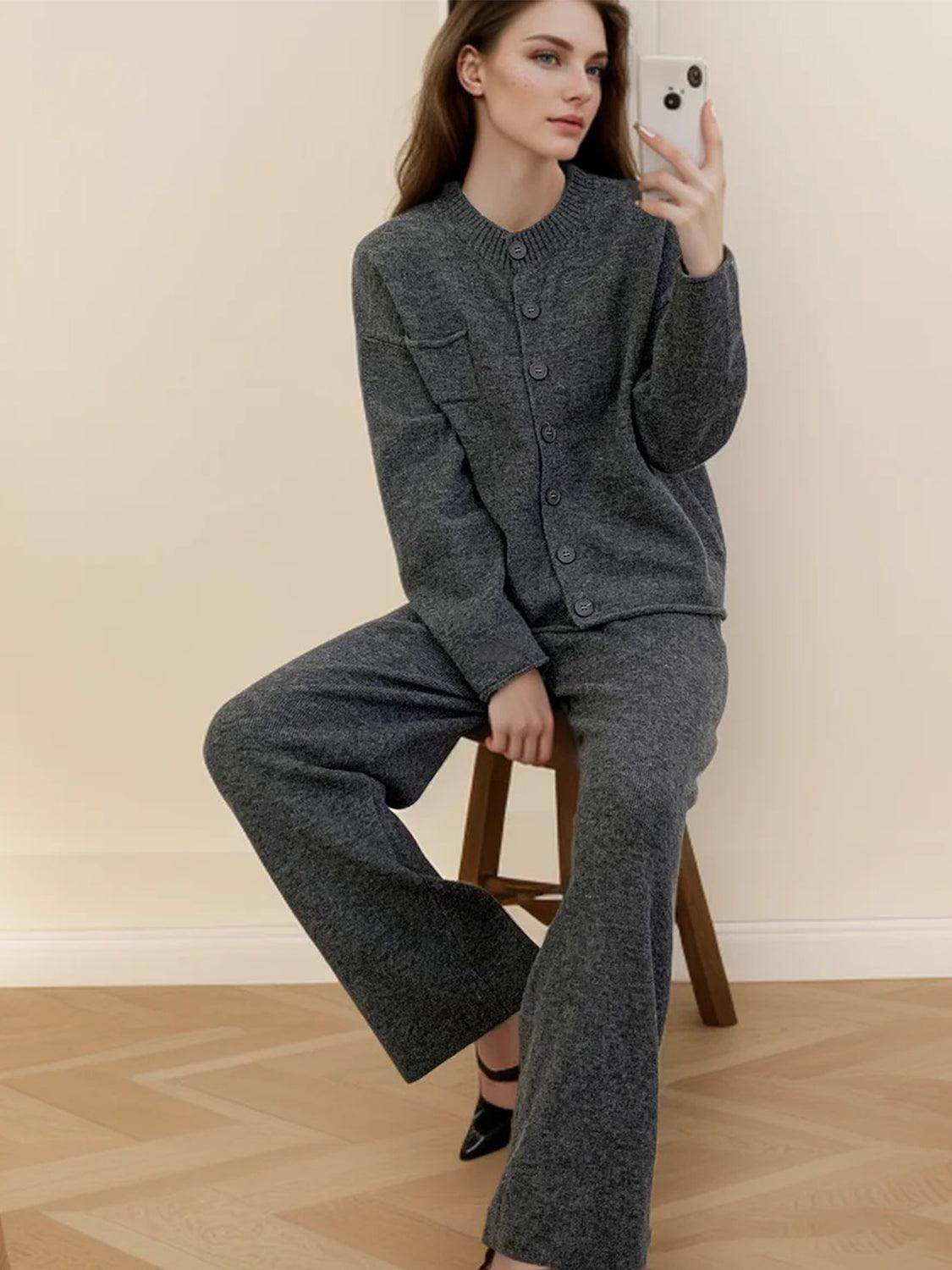 Pocketed Round Neck Button Up Cardigan and Pants Sweater Set - Selvanelle