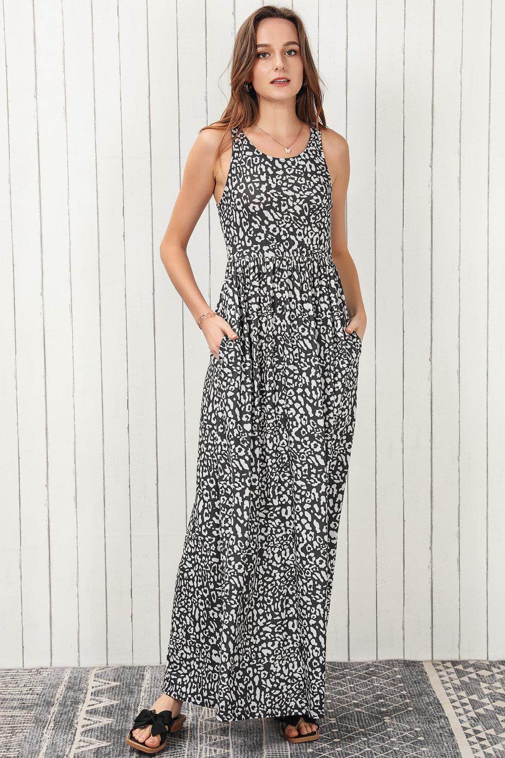 Leopard Round Neck Sleeveless Maxi Dress for Women - Selvanelle