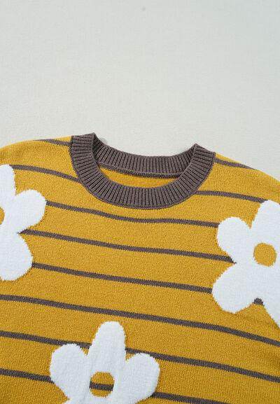 Flower Stripe Round Neck Long Sleeve Sweater for Women - Selvanelle