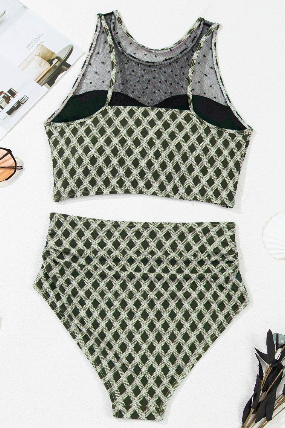 Dotted Mesh Plaid Patchwork High Waisted Swim Set - Selvanelle
