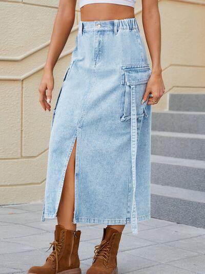 Slit Pocketed High Waist Denim Skirt for Women - Selvanelle