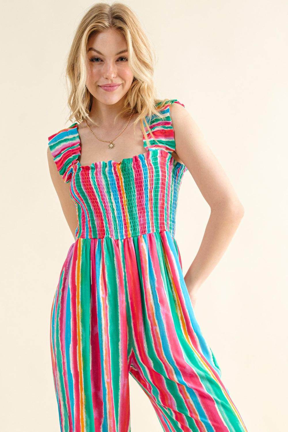 And The Why Full Size Striped Smocked Sleeveless Jumpsuit - Selvanelle
