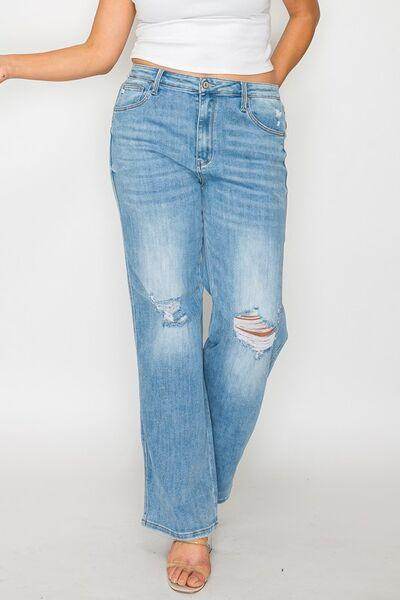 Bytos Full Size Distressed High Rise Straight Jeans For Women - Selvanelle