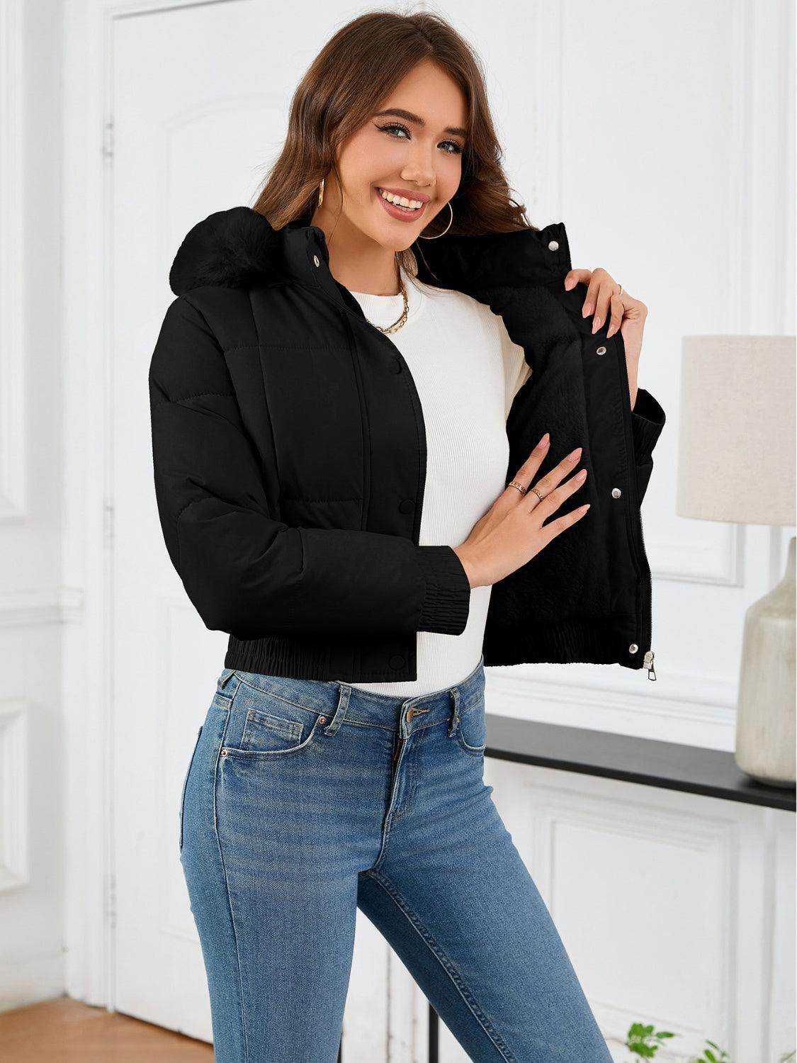 Pocketed Long Sleeve Cropped Hooded Winter Coat for Women - Selvanelle