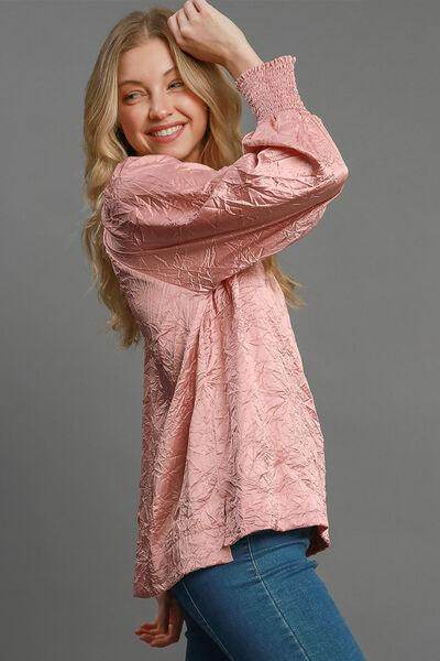 Umgee Wrinkled Round Neck Lantern Sleeve Blouse for Women - Selvanelle
