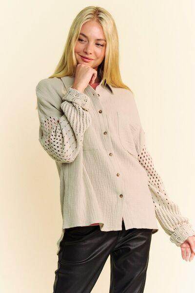 Davi & Dani Crochet Sleeve Crinkled Texture Shirt for Women - Selvanelle
