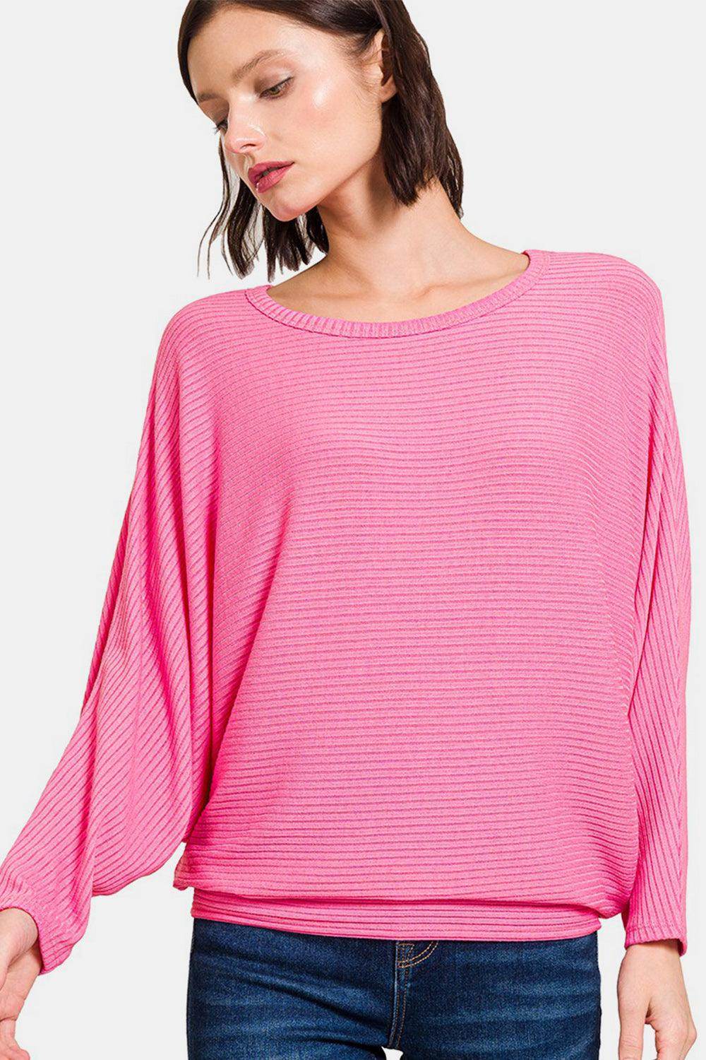 Zenana Ribbed Round Neck Long Sleeve Top for Women - Selvanelle