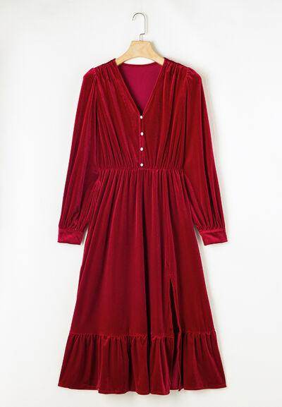 Ruffle Hem Slit V-Neck Long Sleeve Dress for Women - Selvanelle