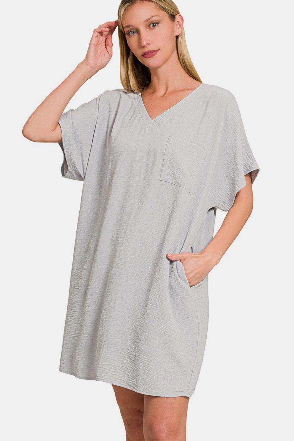 Zenana V-Neck Tee Dress With Pockets For Everyday Style - Selvanelle