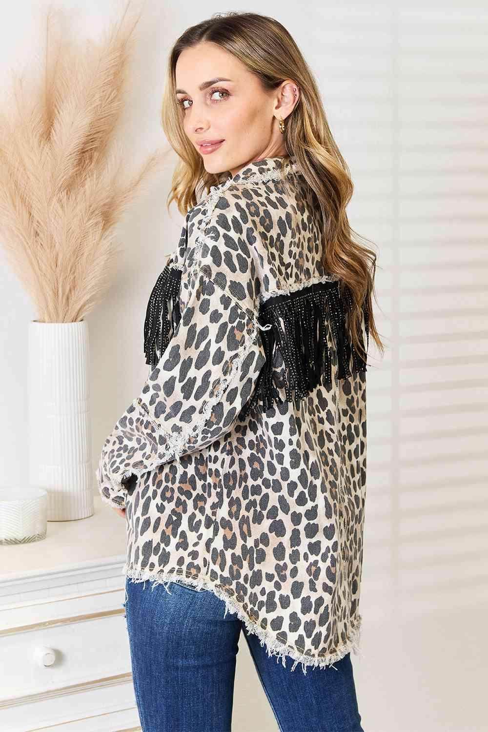 Leopard Fringe Detail Collared Neck Denim Jacket for Women - Selvanelle