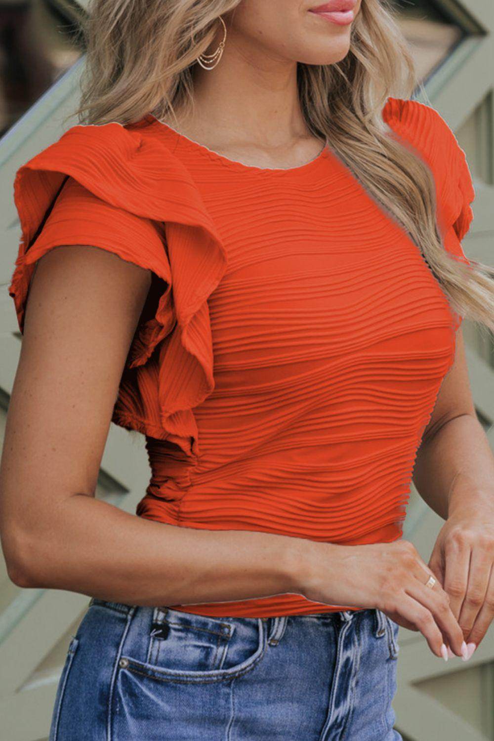 Textured Round Neck Cap Sleeve Top for Casual Style - Selvanelle