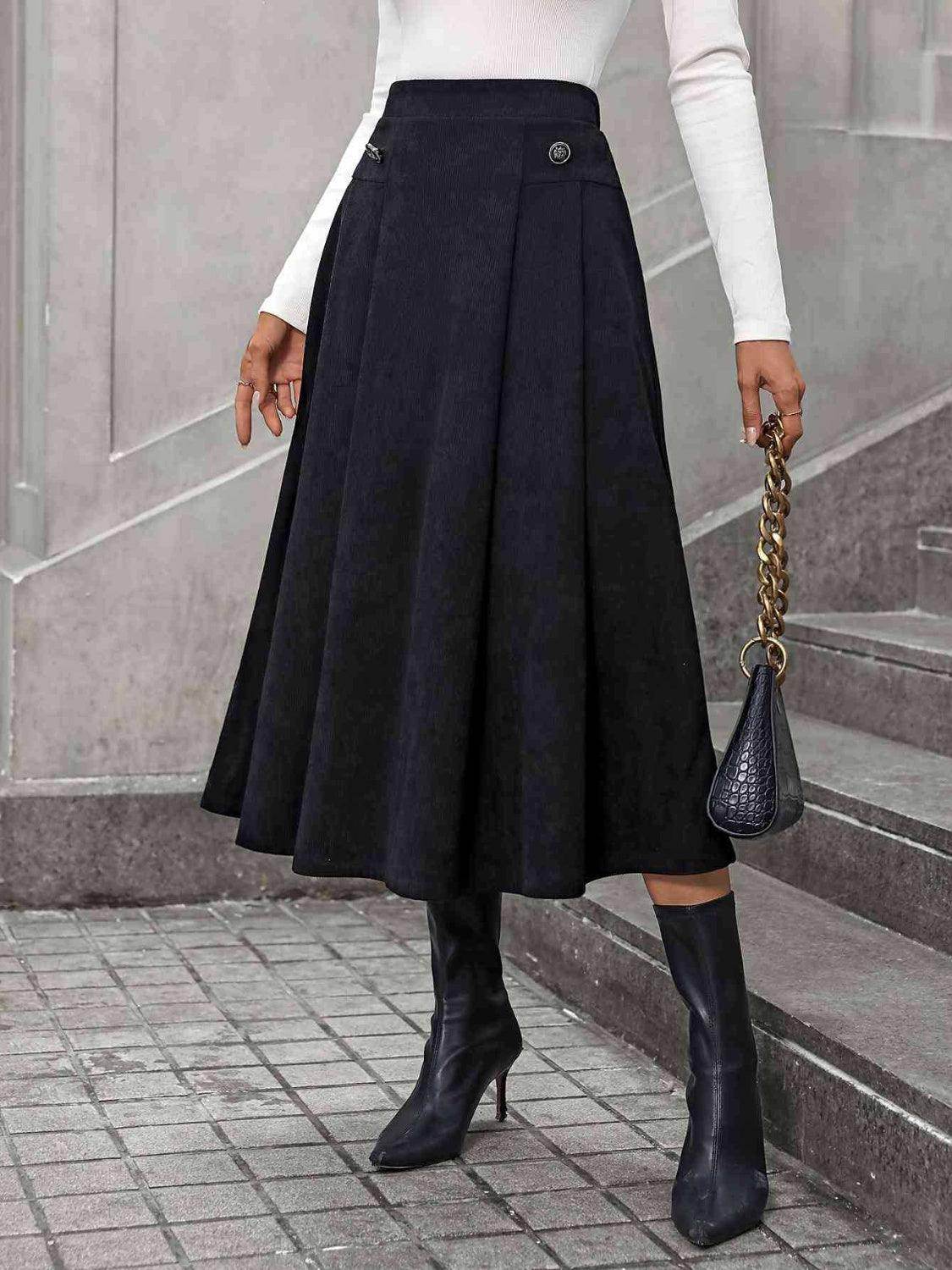 Decorative Button Ruched Midi Skirt for Stylish Outfits - Selvanelle