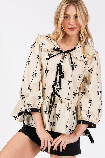 SAGE + FIG Bow Print Tie Front Babydoll Blouse for Women - Selvanelle