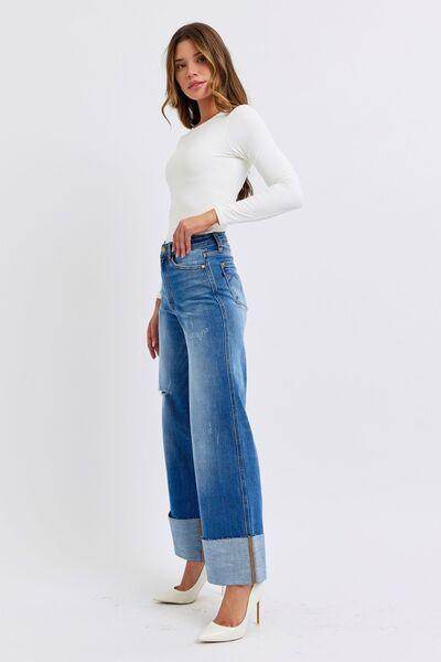 Judy Blue Full Size Distressed High Waist Wide Leg Jeans - Selvanelle