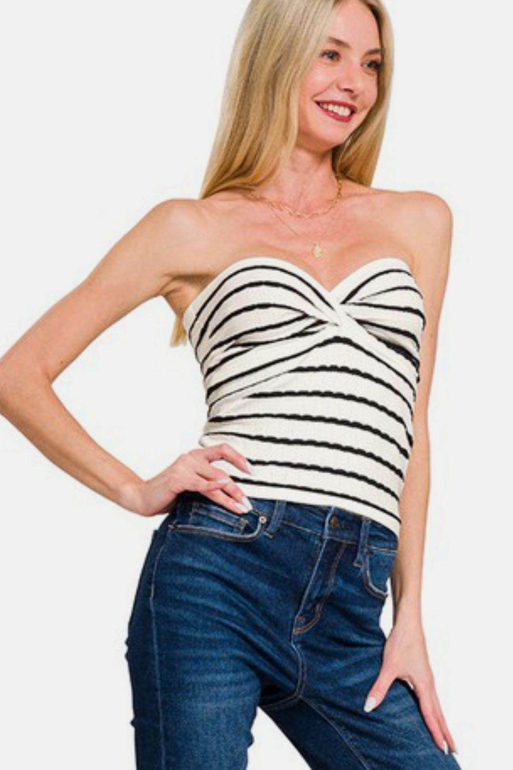 Zenana Twisted Sweetheart Neck Striped Tube Top for Women - Selvanelle