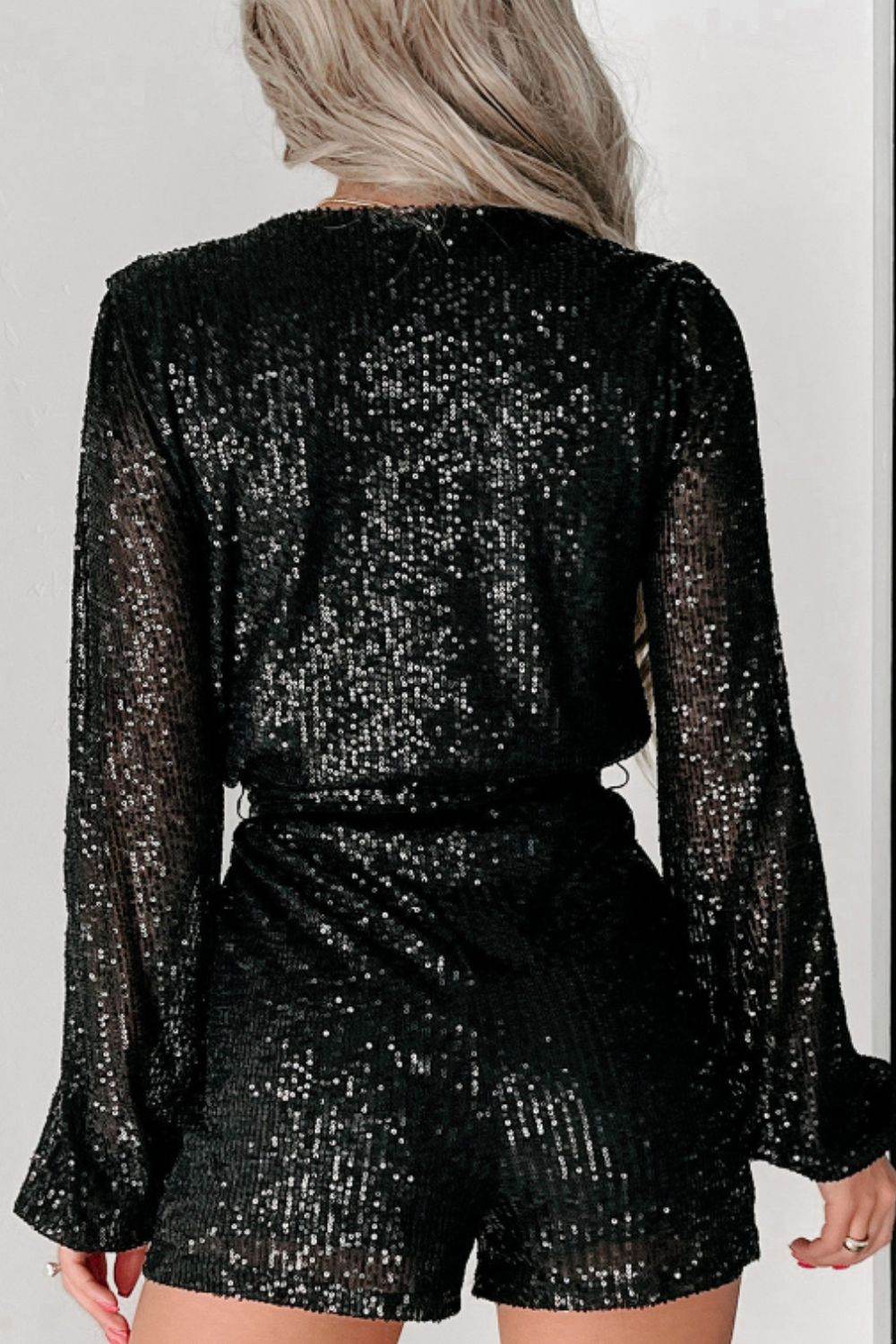 Sequin Surplice Long Sleeve Romper - Selvanelle