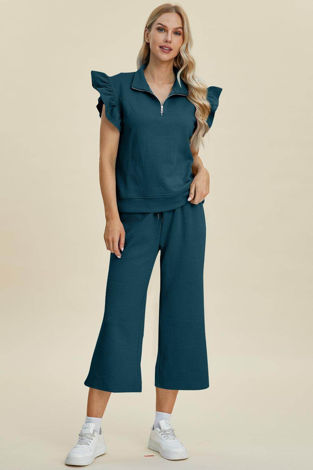 Double Take Full Size Texture Ruffle Top and Pants Set - Selvanelle
