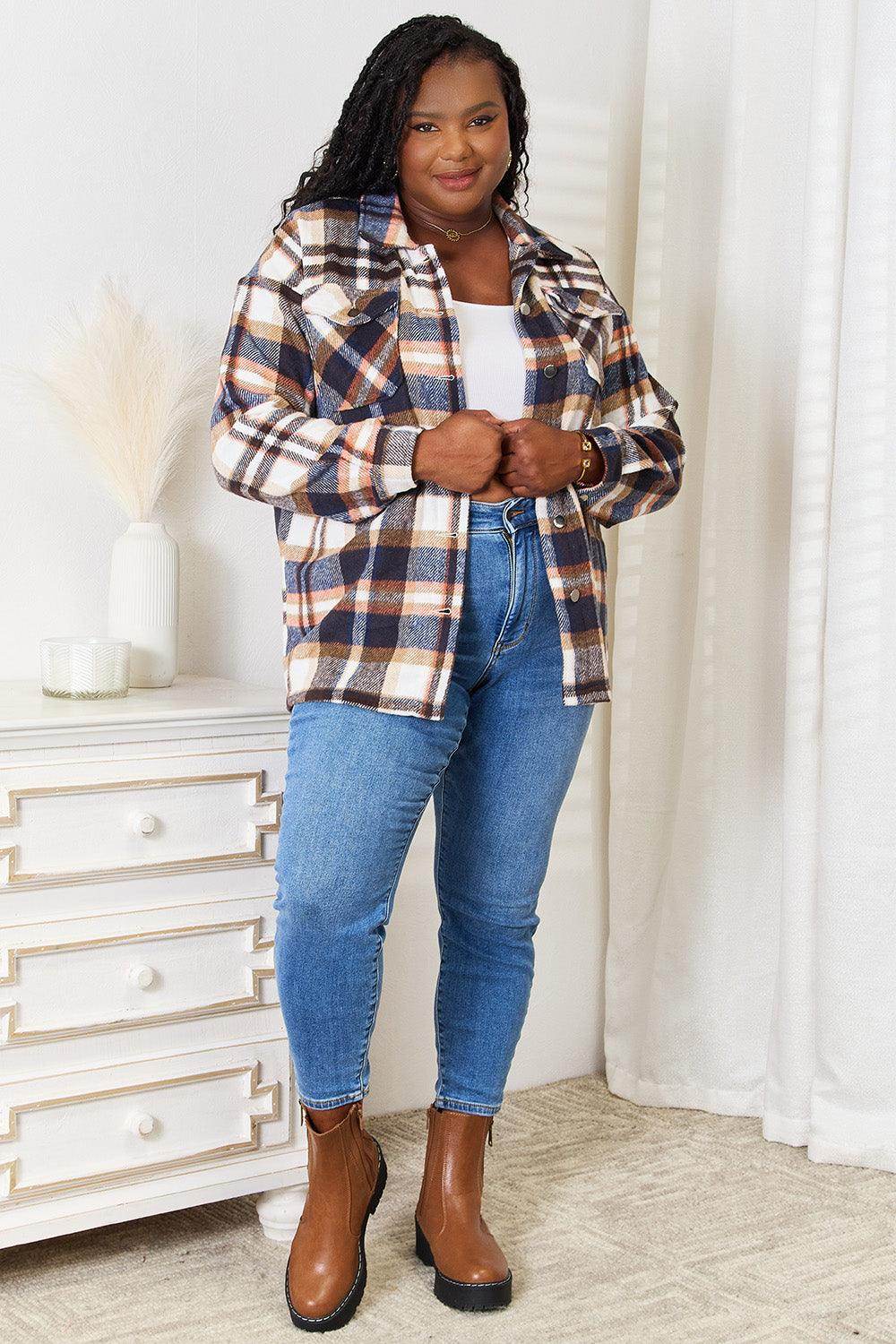 Double Take Plaid Button Front Shirt Jacket with Breast Pockets - Selvanelle