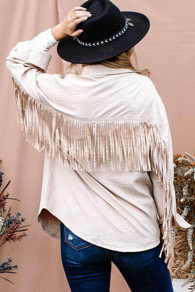 And The Why Full Size Fringe Back Detailed Button Down Shacket - Selvanelle