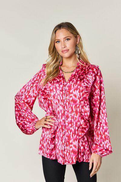 Double Take Full Size Printed Ruffle Trim Balloon Sleeve Shirt - Selvanelle