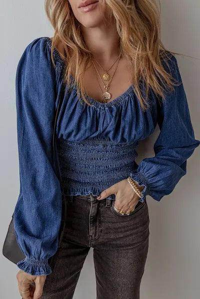 Smocked Long Sleeve Denim Top for Women Stylish Casual Wear - Selvanelle