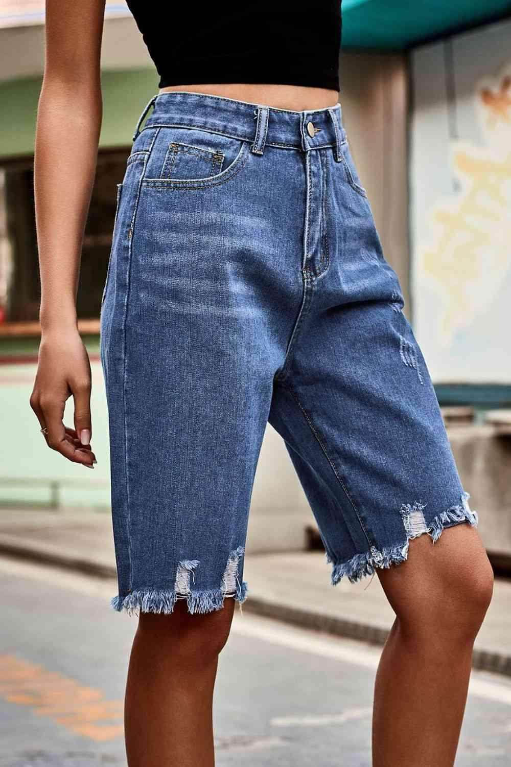 Raw Hem High Waist Denim Shorts with Pockets for Women - Selvanelle