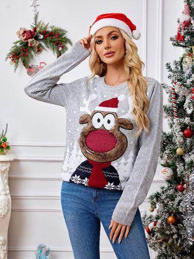Reindeer Round Neck Long Sleeve Sweater for Women - Selvanelle