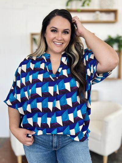 Double Take Full Size Geometric Notched Half Sleeve Blouse - Selvanelle