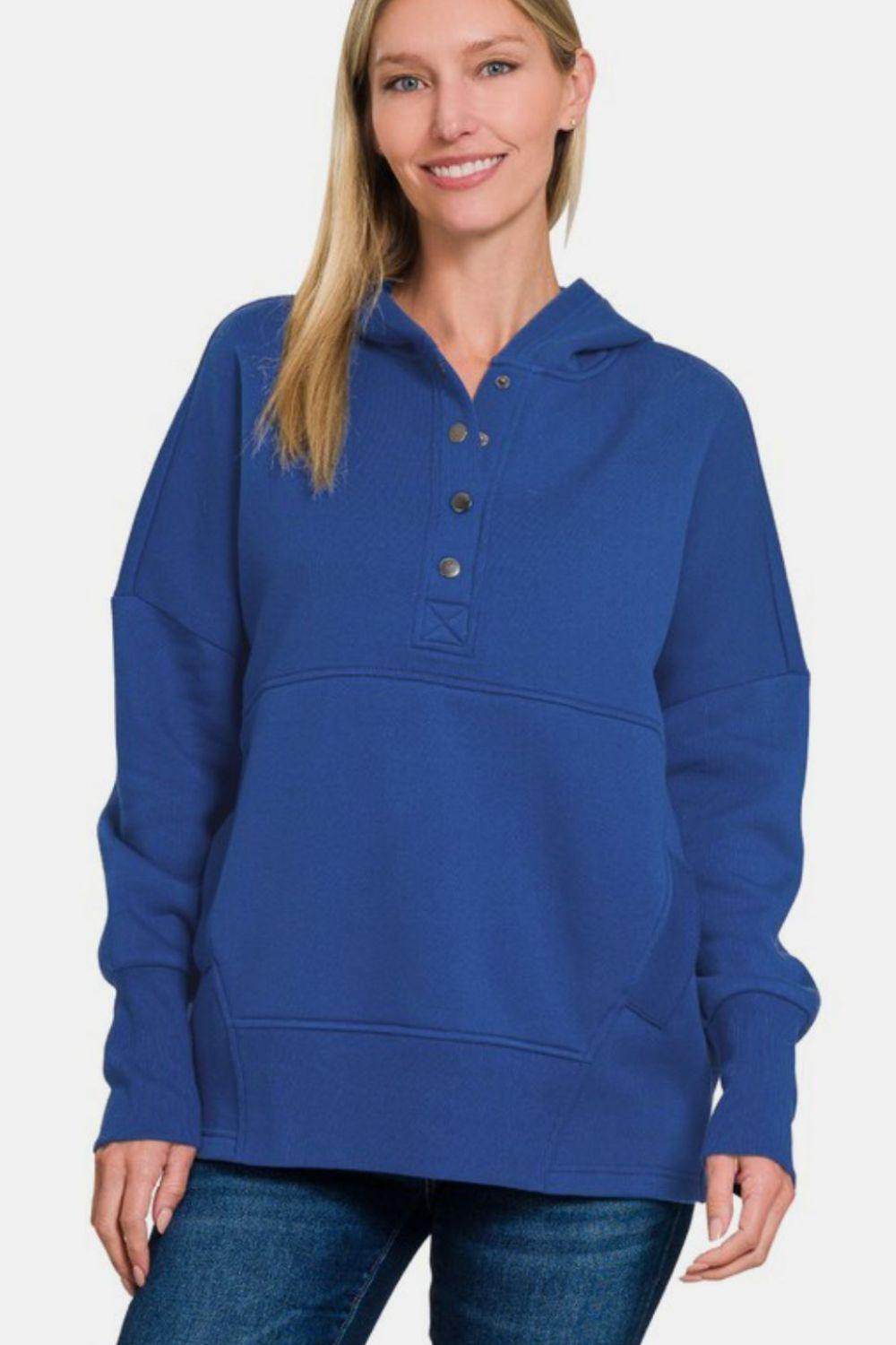 Zenana Half Snap Long Sleeve Hoodie With Kangaroo Pocket - Selvanelle