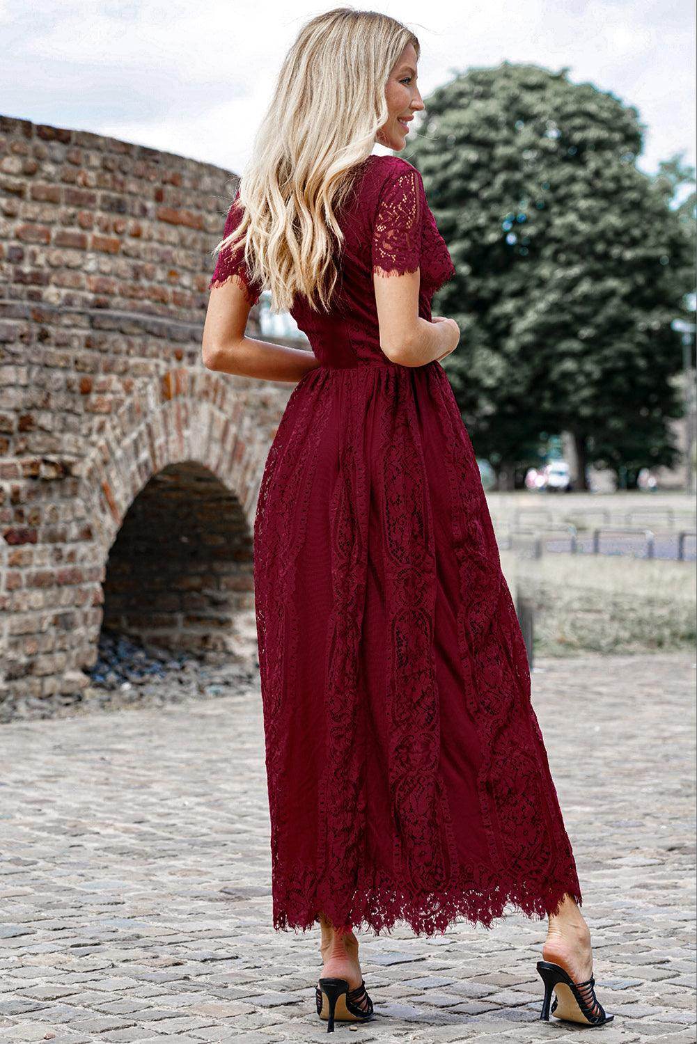 Scalloped Trim Lace Plunge Dress for Elegant Occasions - Selvanelle