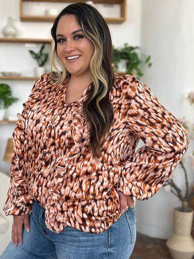 Double Take Full Size Printed Ruffle Trim Balloon Sleeve Shirt - Selvanelle
