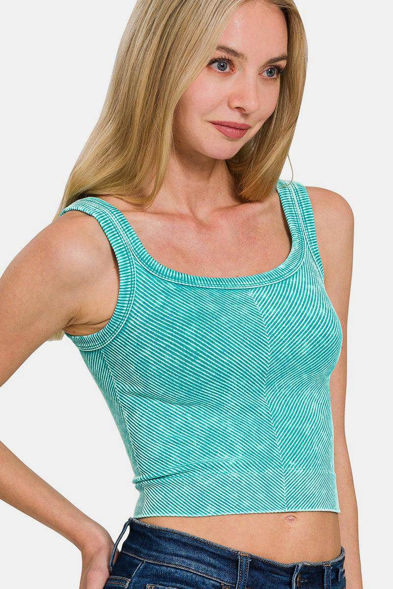 Zenana Washed Ribbed Scoop Neck Wide Strap Tank Top - Selvanelle