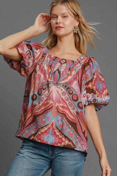 Umgee Full Size Abstract Print Smocked Square Neck Blouse - Selvanelle