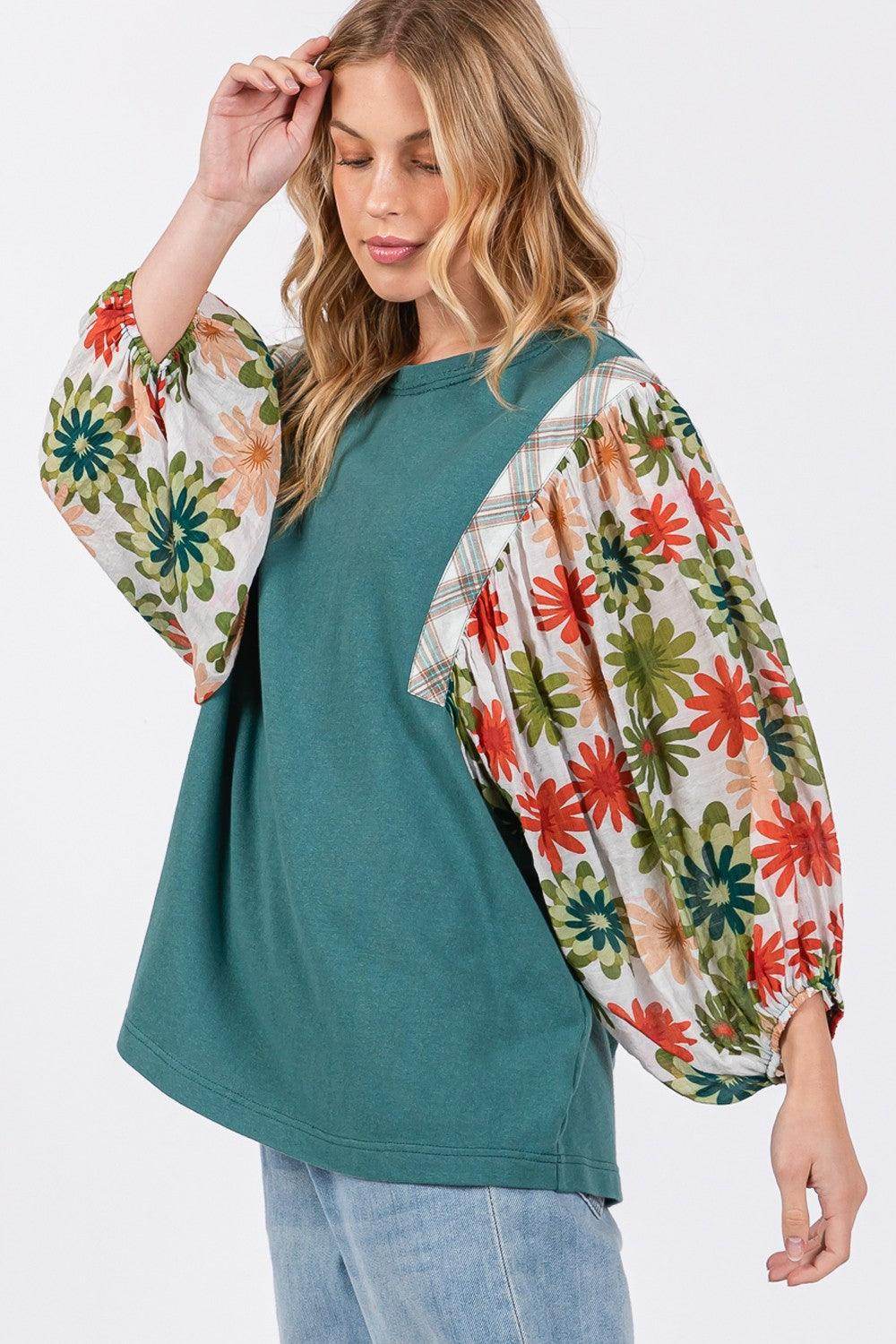 SAGE + FIG Full Size Printed Balloon Sleeve Contrast Top - Selvanelle