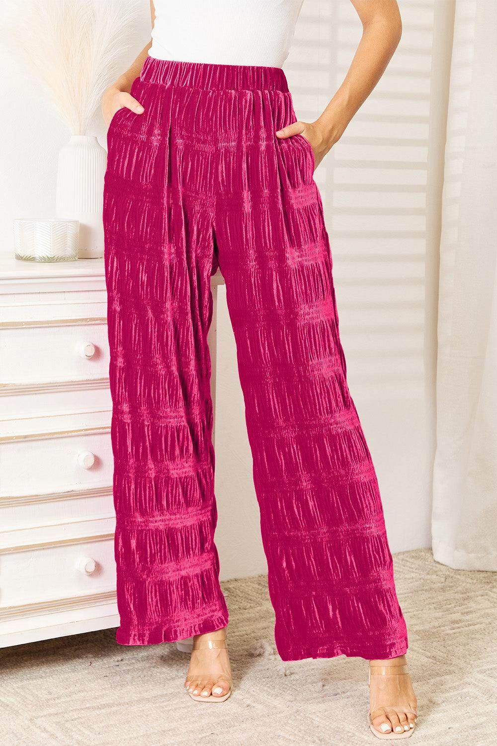 Double Take Full Size High Waist Tiered Shirring Velvet Pants - Selvanelle