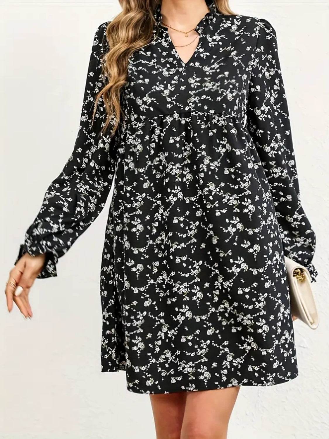 Ditsy Floral Notched Flounce Sleeve Dress - Selvanelle