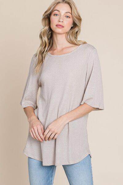 BOMBOM Round Neck Waffle Knit T-Shirt for Effortless Style - Selvanelle