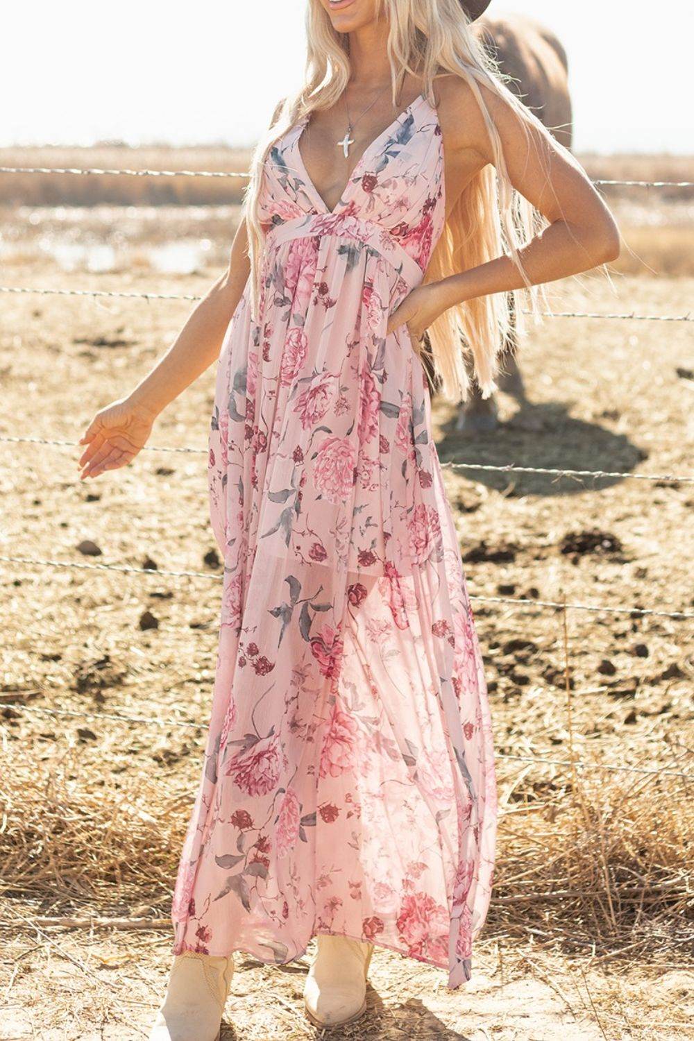 Floral Pleated Deep V Backless Maxi Dress - Selvanelle